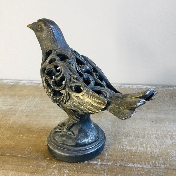 Brown and gold bird with hollow body with scrolls on a round base figurine decor - Picture 2 of 6